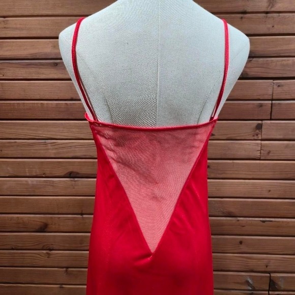 Vintage Red Satin Lace Nightgown Sheer Mesh Back Slip Dress Glam Maximalist - Picture 4 of 7